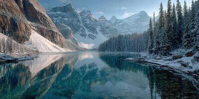 Snow-covered mountains reflect in tranquil lake at dawn in a stunning winter landscape photo