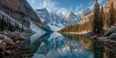 Serene mountain lake reflecting peaks and trees on a clear day in Moraine Lake, Canada during autumn photo