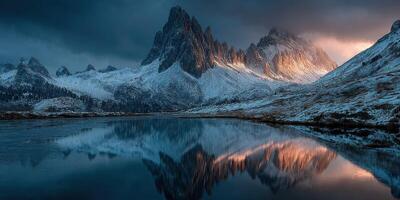 Majestic mountain range reflecting in a calm lake during twilight in a remote wilderness photo