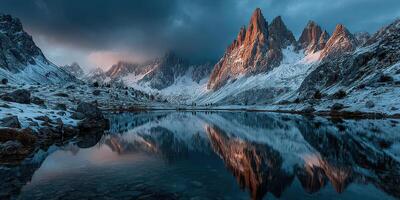 Majestic mountains reflected in calm lake at sunrise under dramatic sky in winter scenery photo