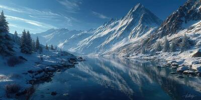 Majestic snow-covered mountains reflecting in a serene river during a tranquil winter morning photo