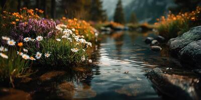 Flowing creek surrounded by wildflowers and serene nature in a tranquil landscape during golden hour photo