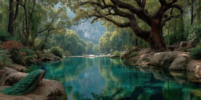 Peacock by a tranquil river in a lush forest during daylight photo