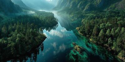 Stunning mountain landscape with reflective waters and lush greenery in a tranquil setting photo
