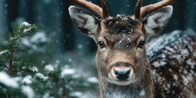 Snowfall creates a serene atmosphere as a deer stands in a forest during winter photo