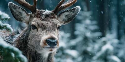 Majestic deer stands in a snow-covered forest during a winter snowfall creating a serene and tranquil atmosphere photo