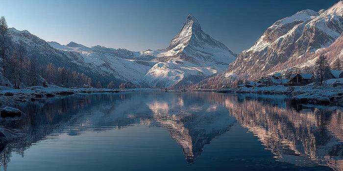 Snow-covered mountains reflect in calm lake during twilight in a serene landscape photo