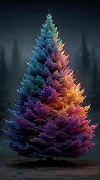 Colorful tree of light standing out in a misty forest during twilight photo