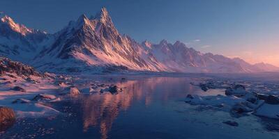 Snow-covered mountains reflect in calm water during sunset in a serene winter landscape near a glacial lake photo