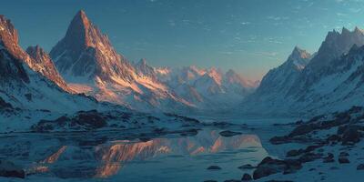 Majestic mountain landscape reflecting in tranquil lake during twilight hours in a winter wonderland photo