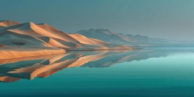 Serene desert landscape at dawn with soft light reflecting on tranquil water photo