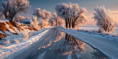 Winter landscape with frosted trees and reflective icy road at sunrise in rural setting photo