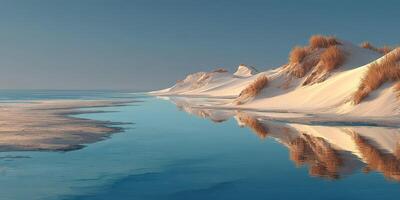 Tranquil coastal landscape featuring soft sand dunes and calm water reflections at sunrise photo