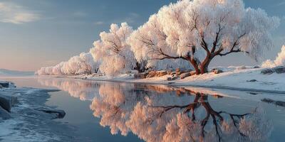 Captivating winter morning with frosted trees reflecting on a tranquil river at dawn in a serene landscape photo