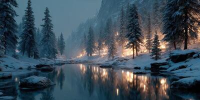 Serene winter landscape with glowing lights reflecting on a calm river during a snowy evening photo