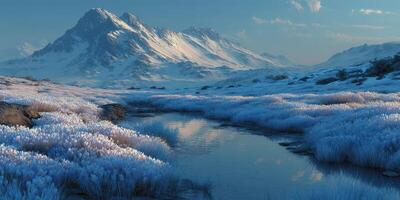 Snow-covered mountains and serene water reflect winter landscape at dusk in a remote location photo