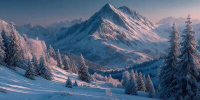 Majestic mountain range with snow-covered peaks and serene winter landscape at dawn photo