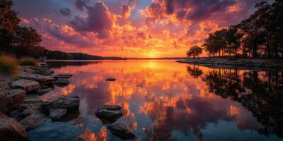 Sunset over tranquil lake reflecting vibrant clouds and trees in the evening sky photo