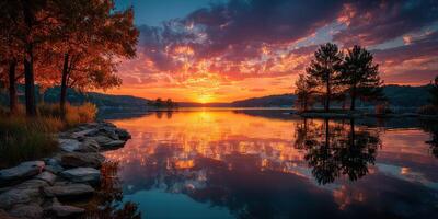 Sunset over tranquil lake with vibrant reflections and colorful sky during autumn evening photo