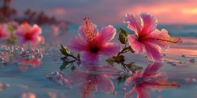 Pink hibiscus flowers blooming at sunset along a tranquil shoreline with gentle waves in the background photo