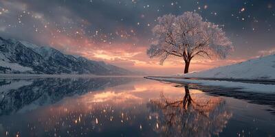 Snowy tree by tranquil lake at sunset with reflections and falling snowflakes photo