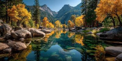 Beautiful autumn landscape with vibrant trees and calm water reflecting mountains photo