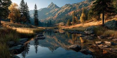 Serene autumn landscape with a river and mountains during golden hour in a peaceful wilderness setting photo