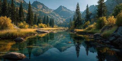 Tranquil mountain landscape with clear water and towering trees at dawn during autumn photo