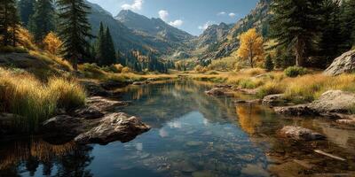 Beautiful autumn landscape with reflections in a serene river surrounded by mountains and trees in the afternoon light photo