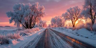 Winter sunset over a snow-covered road framed by frosty trees in a tranquil landscape photo