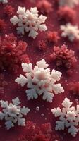 Intricate snowflakes resting on a vivid red surface adorned with droplets photo