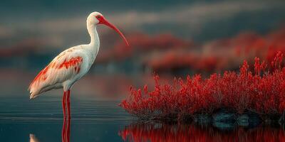 Beautiful white ibis stands by the water among vibrant red foliage at sunrise in a tranquil wetland setting photo