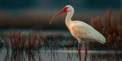 White ibis stands in tranquil wetland at dusk surrounded by tall grass and reflective water photo