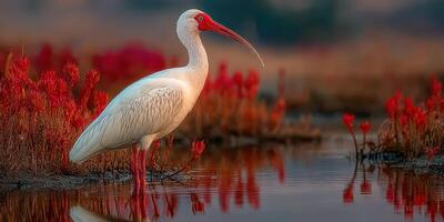 White ibis stands gracefully in water surrounded by vibrant red flowers at sunset in wetland habitat photo