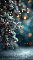 Snowy evergreen branches adorned with warm lights and pine cones create a magical winter atmosphere during the holiday season photo