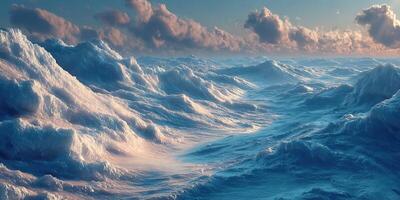 Waves crash under a vibrant sky at sunset with soft clouds reflecting in the water photo