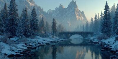 Snow-covered mountains and a serene river with a bridge at dawn create a tranquil winter landscape photo
