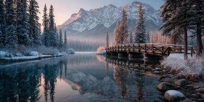 Winter morning at a serene lake with a rustic bridge and snow-covered mountains in the distance photo