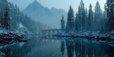Serene winter landscape with snow-covered mountains and a quiet river reflecting bridge lights at dusk photo