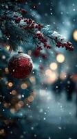 Decorative red ornament hangs on snowy pine tree branch during a festive winter evening celebration in a city park photo