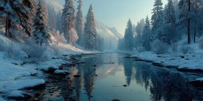 Winter landscape with snow-covered trees and a calm river reflecting the sunlight in the early morning photo