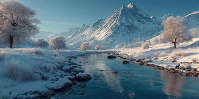 Scenic winter landscape featuring a calm river and snow-covered mountains in the early morning light photo