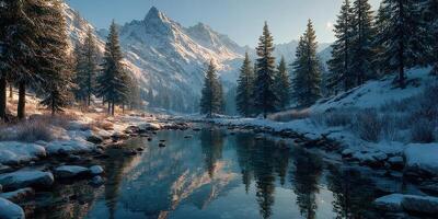 Snowy mountain landscape with a serene river reflecting pine trees during early morning light in winter photo
