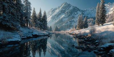 Snow-covered mountains reflect in serene river during winter morning near evergreen forest in a picturesque landscape photo