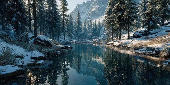 Serene winter landscape featuring a calm river surrounded by evergreen trees and snow-capped mountains photo