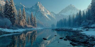Snowy mountains and calm river reflect winter landscape in a serene setting during late afternoon photo