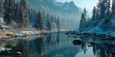 Winter landscape with snow-covered trees and a peaceful river in a mountainous region during early morning light photo
