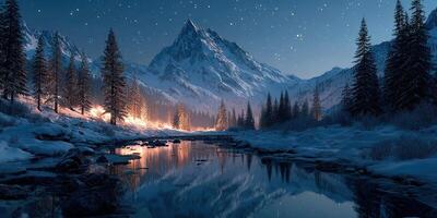 Snowy mountain landscape at twilight with a river reflecting the starry sky and illuminated trees photo