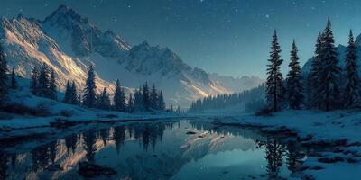 Serene winter landscape with snow-covered mountains and a calm river under a starlit sky at dusk photo