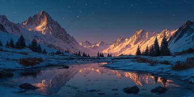 Majestic snow-covered mountains reflecting in a tranquil river under a starry sky at twilight photo